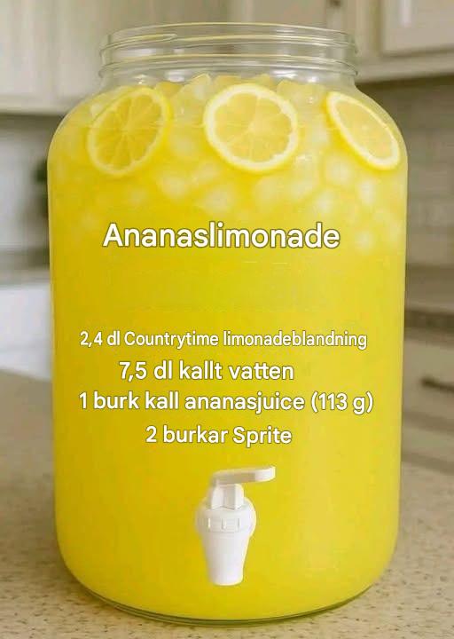 Recept på ananaslemonad En uppfriskande sommardryck som är en total publikfavorit! Ingredienser: 2,4 dl Country Time Lemonade Mix 7,5 dl kallt vatten 1 burk (113 g) kall ananasjuice (helst 100 % juice) Receptet först (c.o.m.m.e.n.t.).