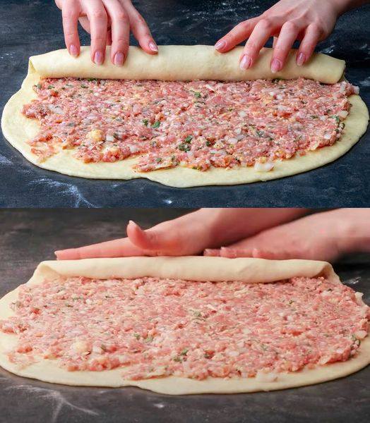 Rulla ihop degen med 500 g köttfärs och grädda i ugnen i 10 minuter.