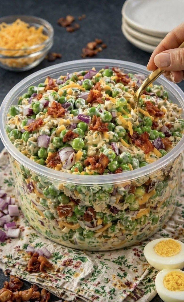 Krämig ärtsallad med bacon, ost och rödlök