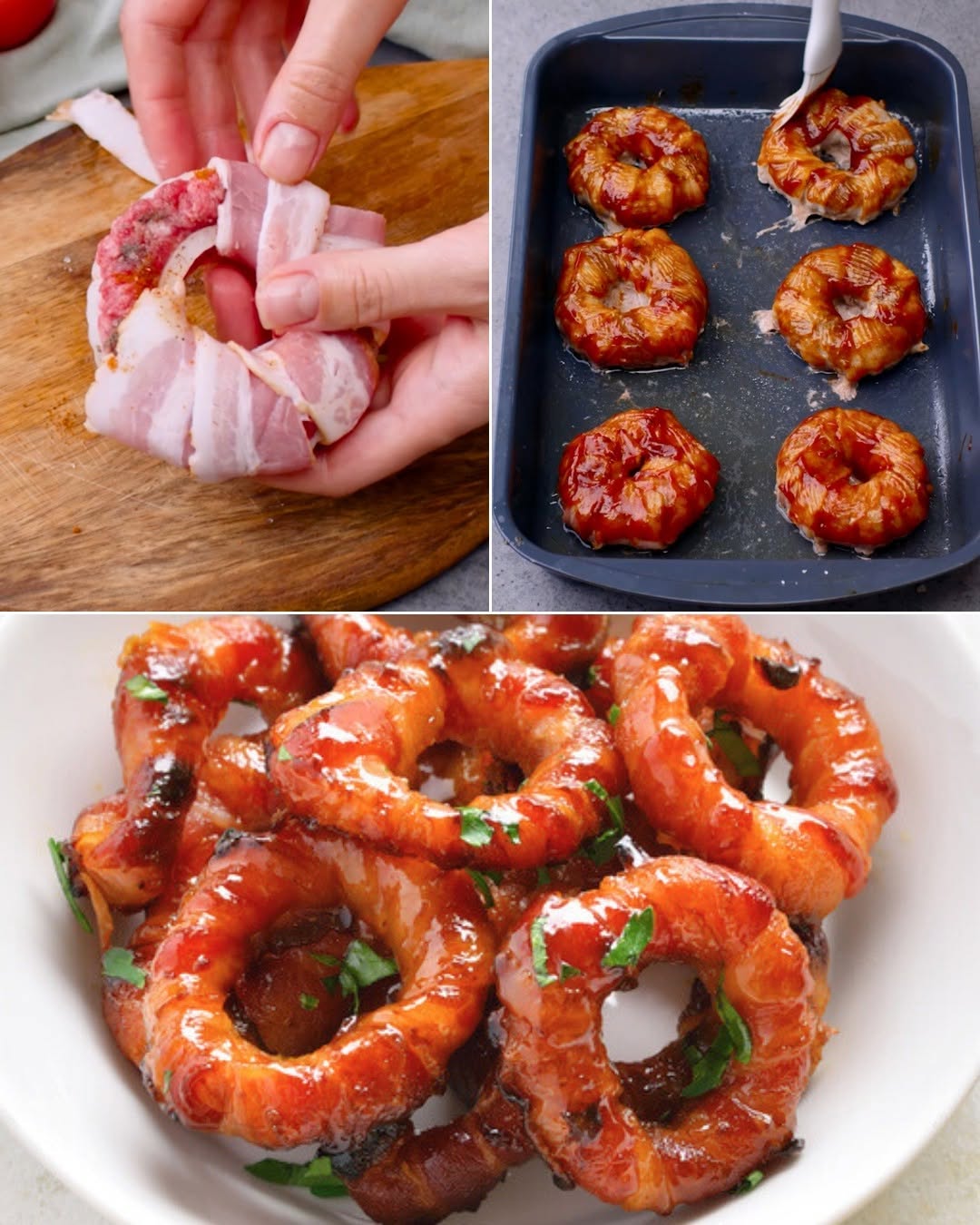 Baconlindade lökringar med nötkött