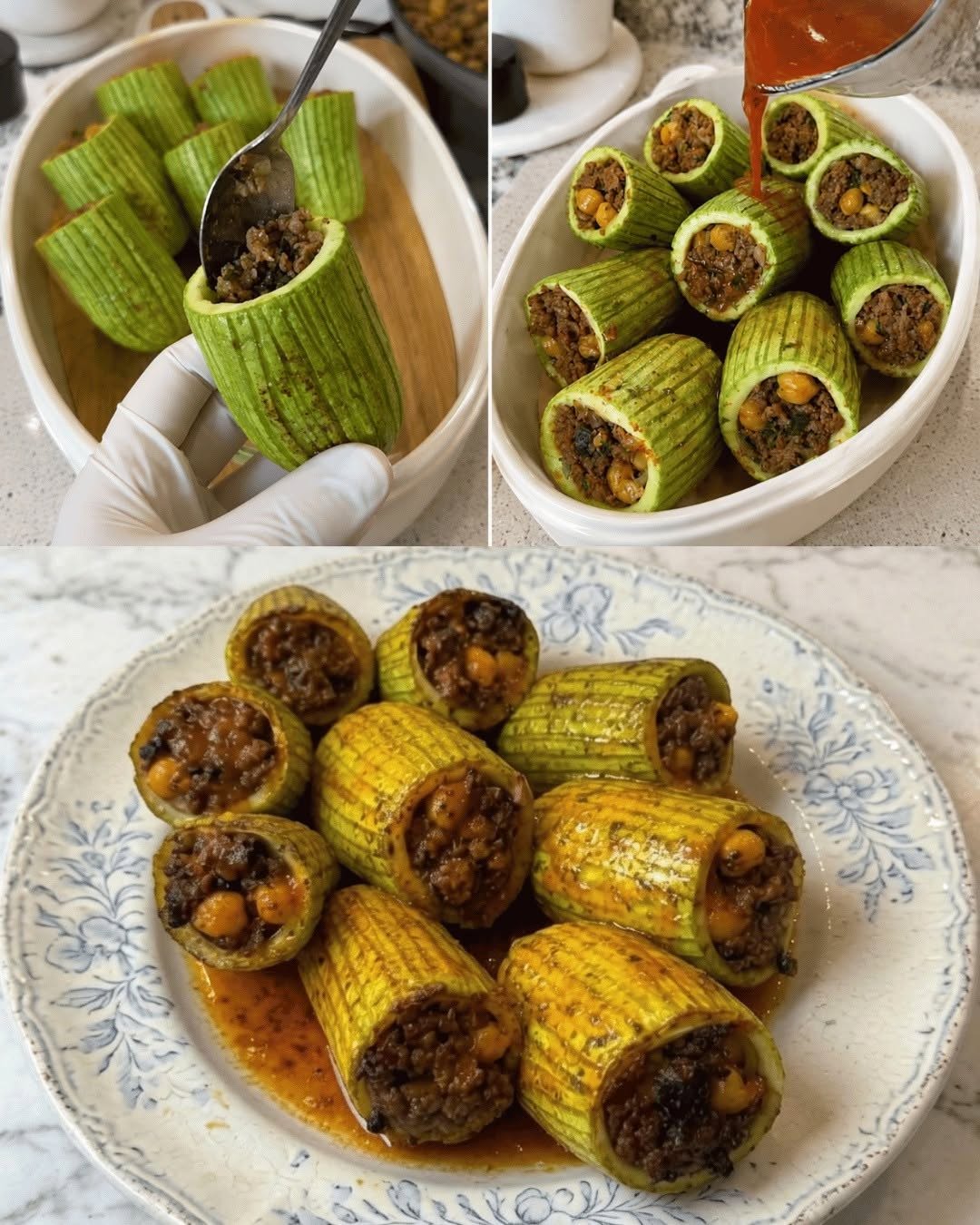 Fyllda zucchini med kött och kikärter, kryddig tomatsås