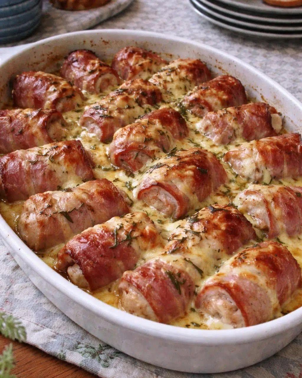 Förrätt eller huvudrätt. Kyckling inlindad i bacon och smält ost.