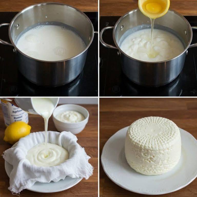 Hemlagad ost gjord på 1 liter mjölk, en halv citron och 1 yoghurt