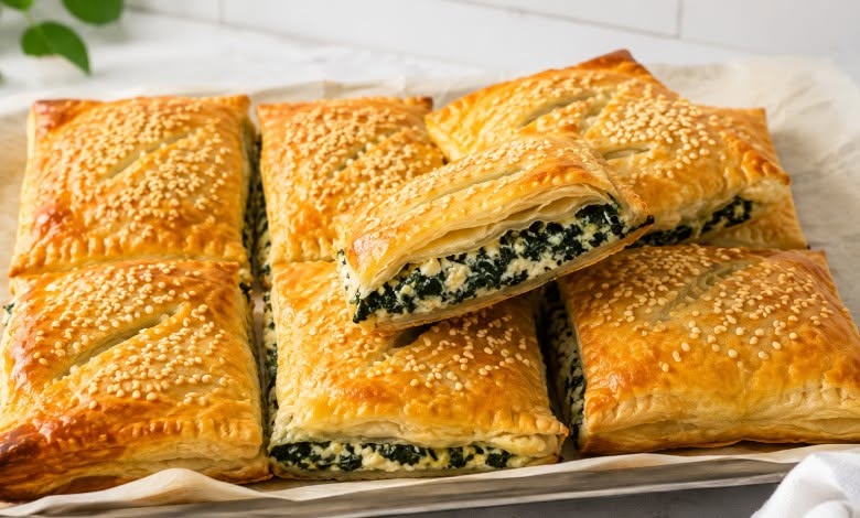 Recept på krispiga smördegsrutor med spenat och ost