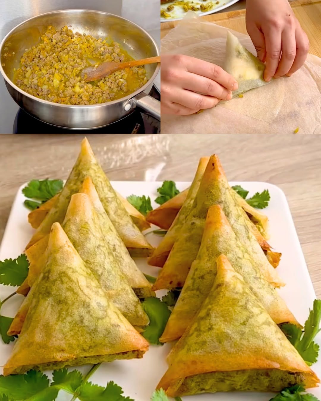 Krispiga kötttrianglar med filodeg och krämig ost