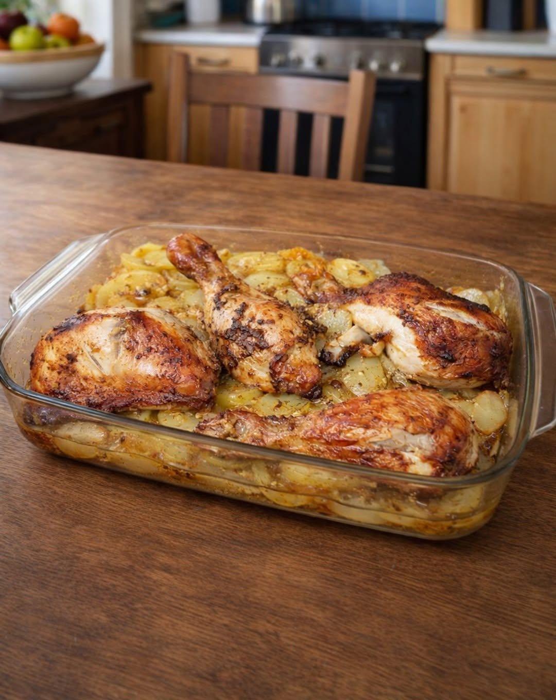 Ugnsstekt kyckling med potatis och vitlök: en enkel måltid i en enda rätt