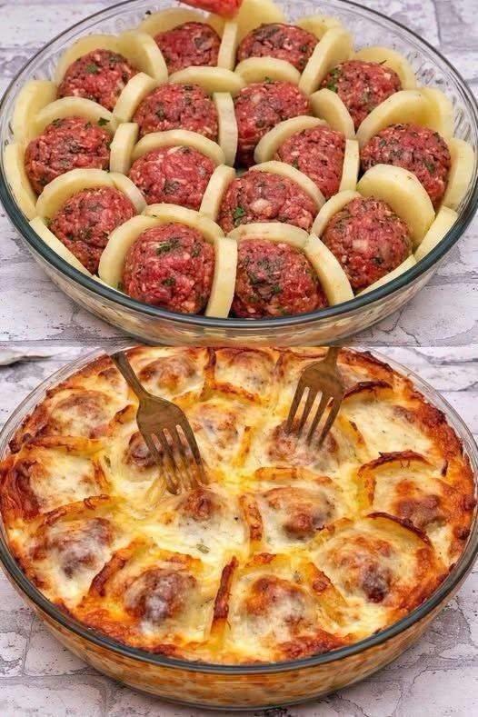 Potatis med köttbullar och ost