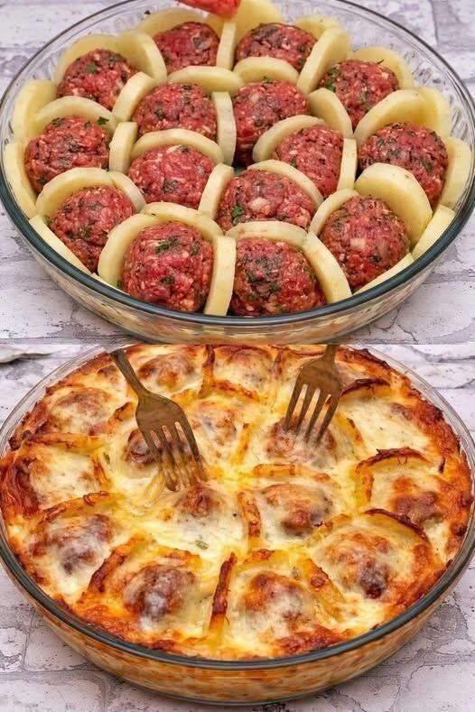 Potatis med köttbullar och ost