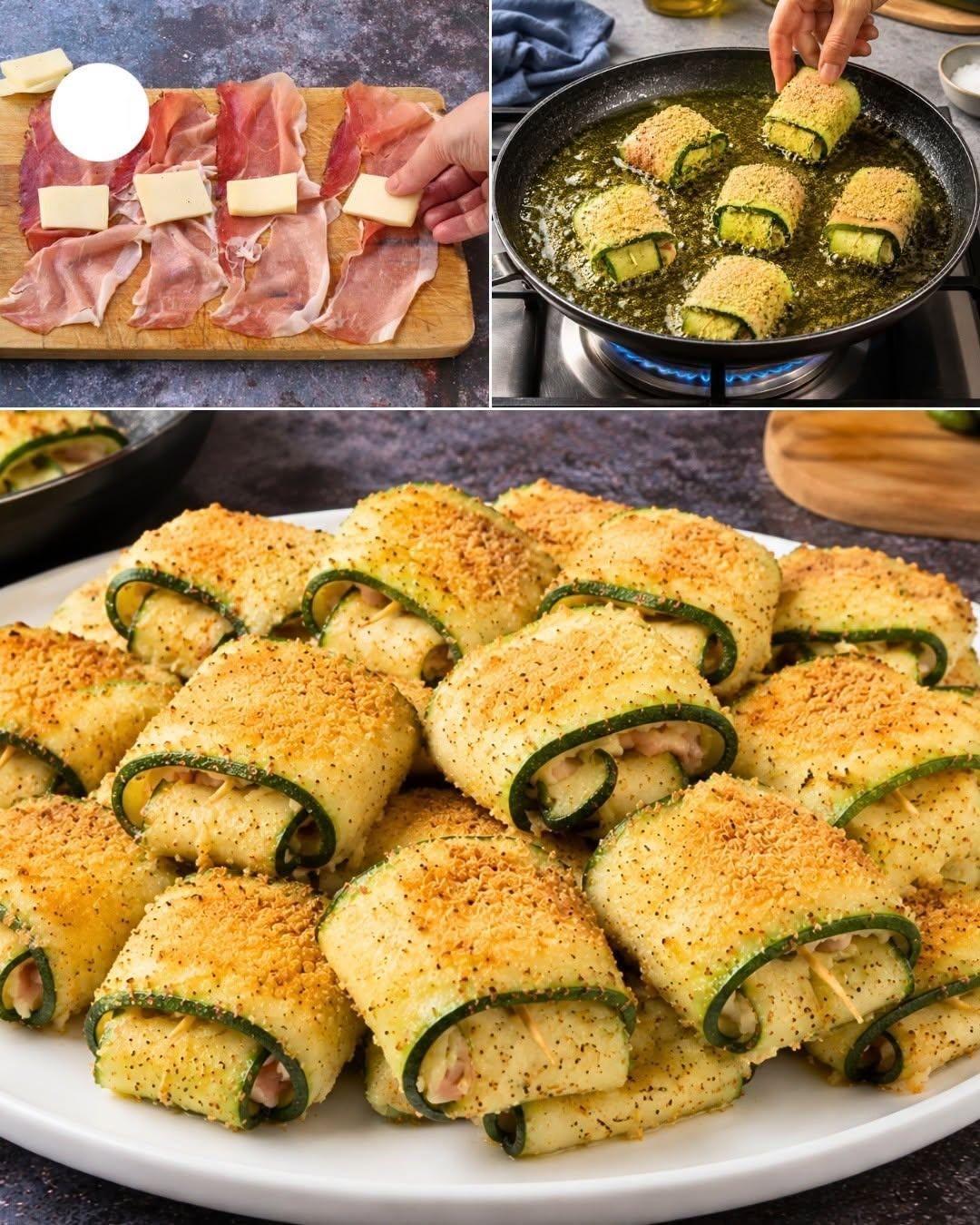 Gratängerade zucchinirullar med skinka och ost