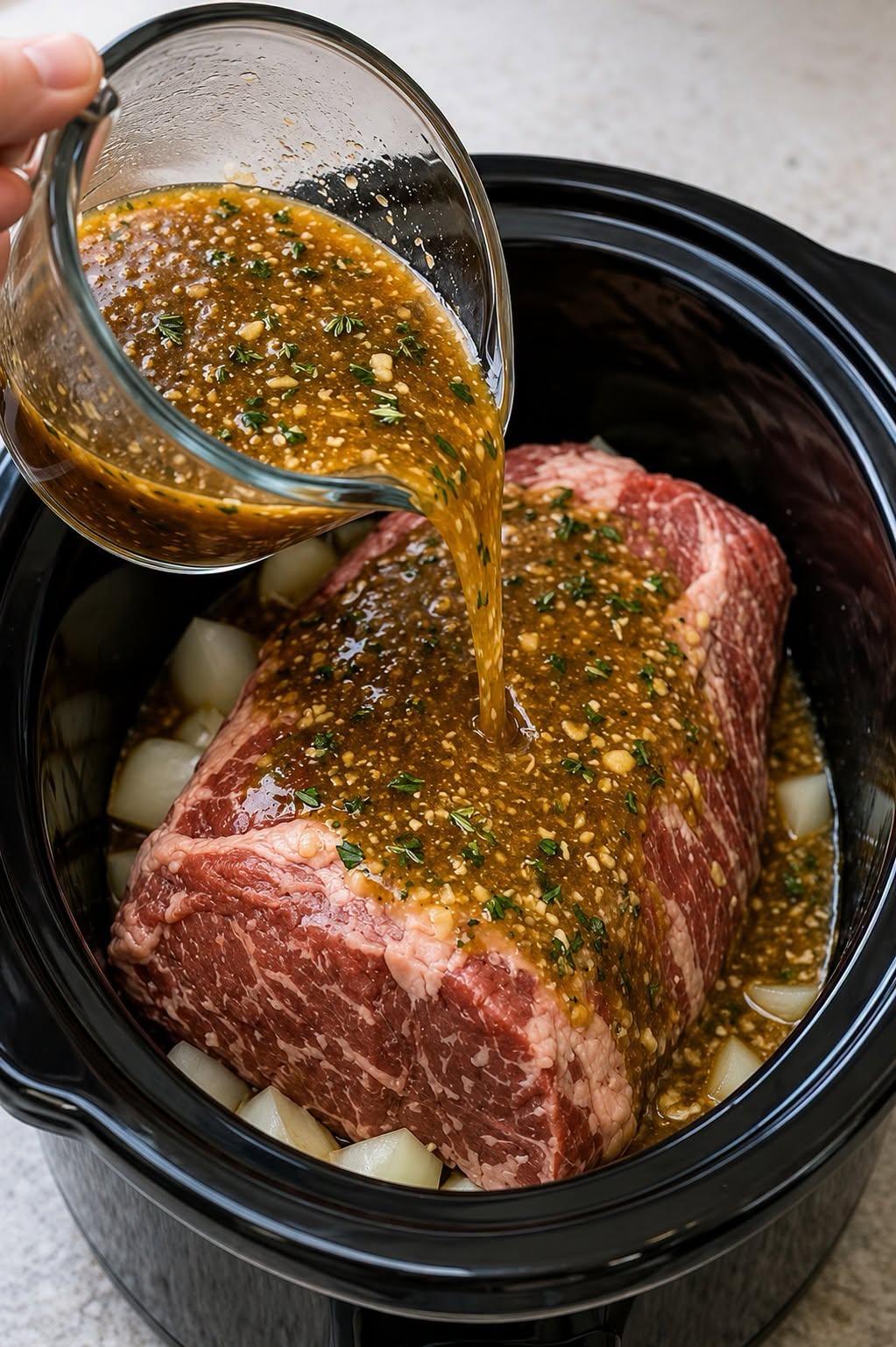 Långkokt rostbiff med lönnsirap och dijonsenap (söt, salt och mör)