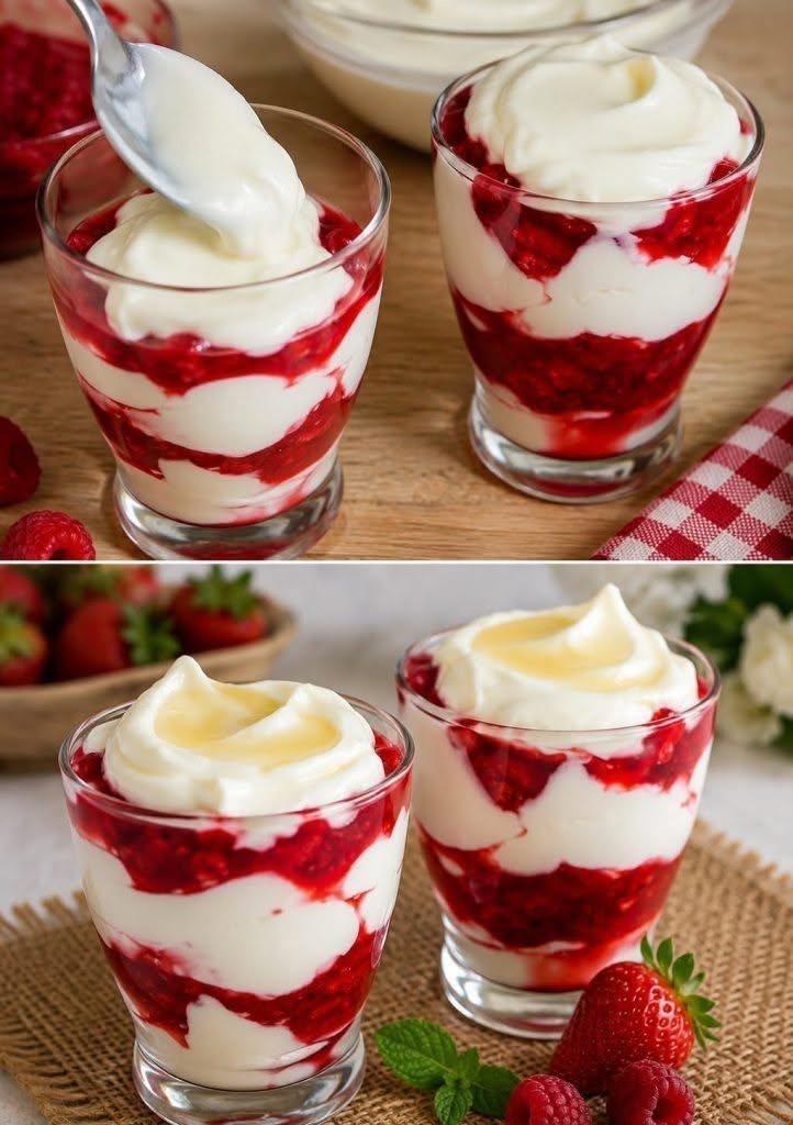 Denna läckra hallonfrukost är krämig, fruktig och förvånansvärt lätt, perfekt som en snabb dessert för alla tillfällen.